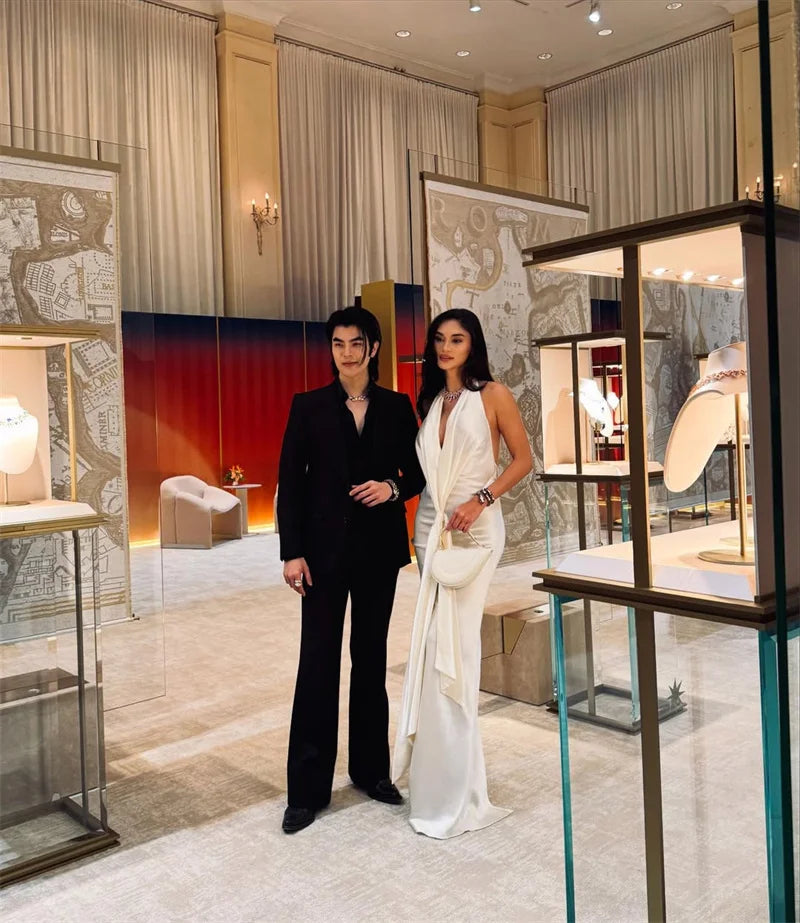 Satin Deep V Neck Backless Sexy Maxi Dress Women Elegant Halter Sleeveless Lace-up High Waist Draped Ruched Long Dress