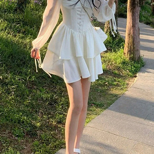 Load image into Gallery viewer, White Wrap Mini Dress Women Vintage Mesh Bodycon Ruffles Square Collar Short Dresses Casual Autumn Korean Fashion
