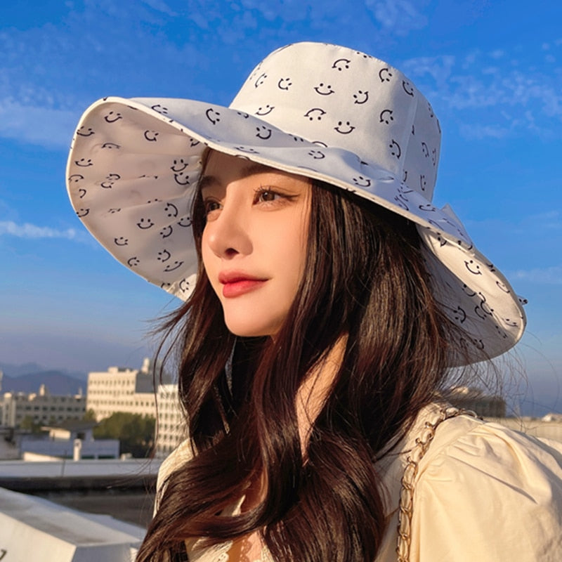 Women's Summer Hat Fashion Smiley Face Pattern Print Cap Bow Design Sun Hat Travel Beach Bucket Hat