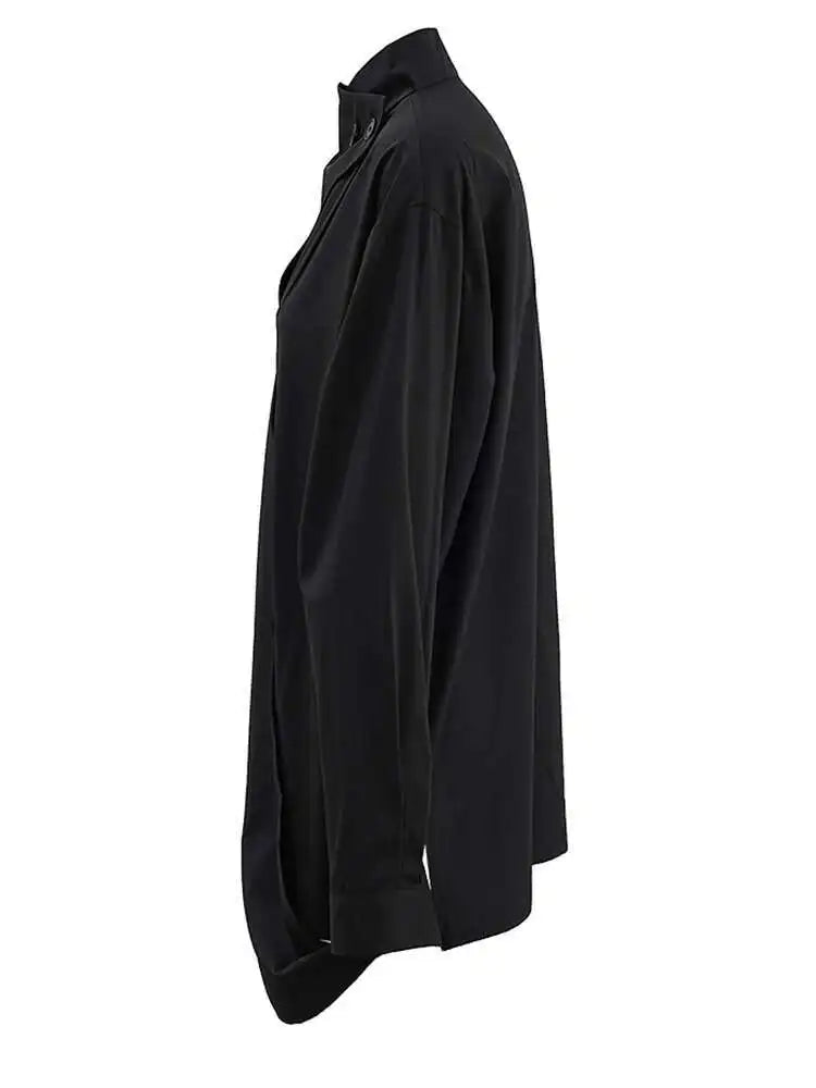 Women Black Irregular Spliced Big Size Blouse New Stand Collar Long Sleeve Shirt Fashion Tide Spring Autumn 2025 CPG1573