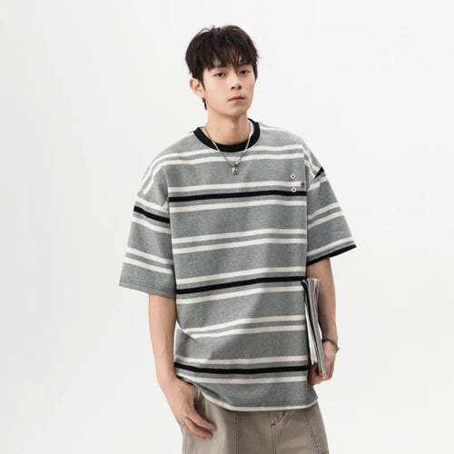Load image into Gallery viewer, Striped Men&#39;s Short Sleeve T-shirts New Summer Contrast Color Button Design Casual Pullover Male Clothing 2025 9W1669
