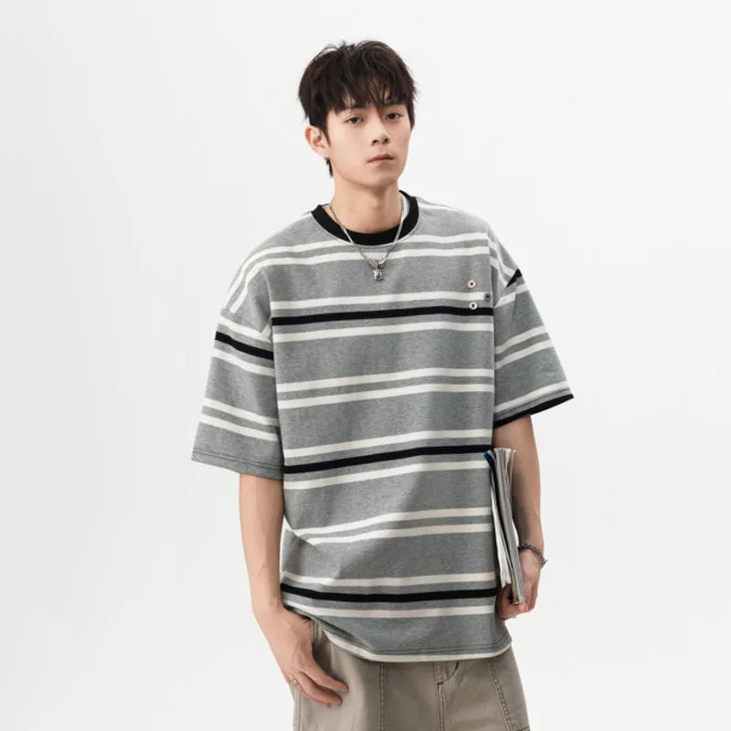 Striped Men's Short Sleeve T-shirts New Summer Contrast Color Button Design Casual Pullover Male Clothing 2025 9W1669