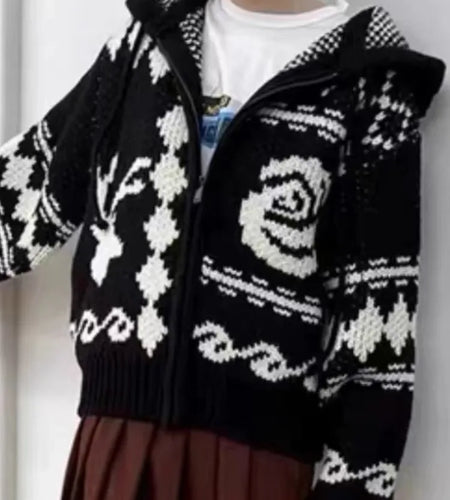 Harajuku Knitted Hooded Cardigan Women Y2k Aesthetic Zippers Casual Loose Sweater 2025 Autumn Grunge Vintage Drawstring Tops