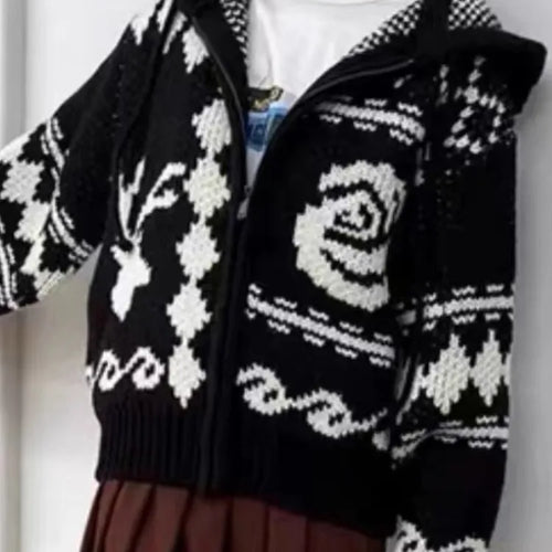 Load image into Gallery viewer, Harajuku Knitted Hooded Cardigan Women Y2k Aesthetic Zippers Casual Loose Sweater 2025 Autumn Grunge Vintage Drawstring Tops
