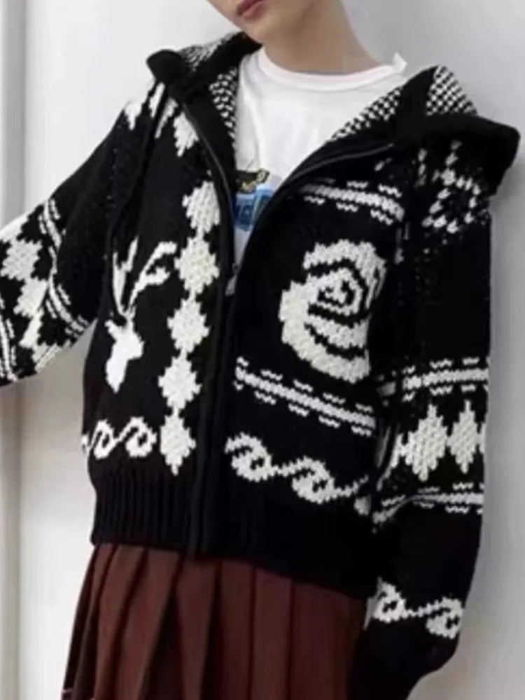 Harajuku Knitted Hooded Cardigan Women Y2k Aesthetic Zippers Casual Loose Sweater 2025 Autumn Grunge Vintage Drawstring Tops