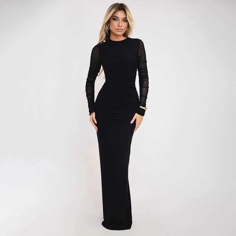 Black Sexy Maxi Dress Women Autumn New Sheer Mesh Long Sleeve Slim Fit Dress Ladies Elegant Bodycon Dresses Clubwear