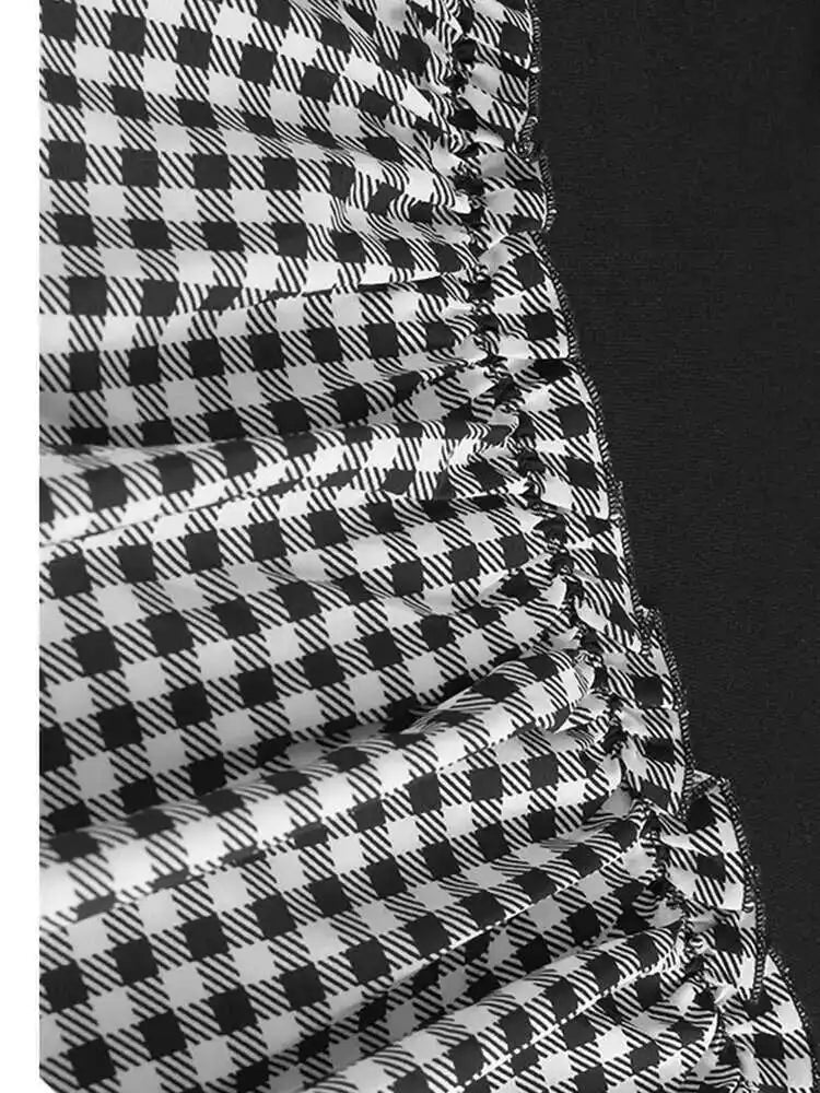 Black Plaid Ruffles Casual Sweatshirt New Round Neck Long Sleeve Women Big Size Fashion Tide Spring Autumn 2025 1DH7621