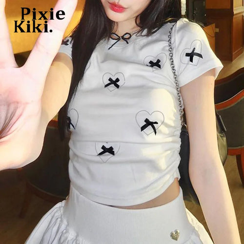 Load image into Gallery viewer, Korean Fashion Bows Crop Top White Baby Tees 2000s Y2k Cutecore Asian Style Clothes Female Summer T Shirts P84-BC15
