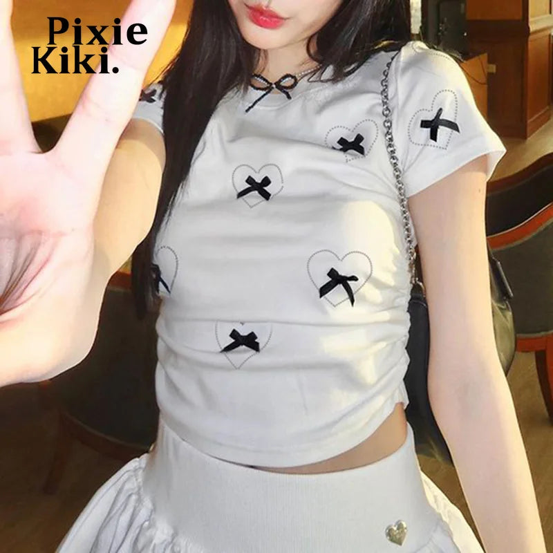 Korean Fashion Bows Crop Top White Baby Tees 2000s Y2k Cutecore Asian Style Clothes Female Summer T Shirts P84-BC15