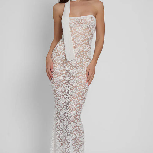 Load image into Gallery viewer, Lace See Through Sexy Midi Dress For Women Fashion Off-shoulder Strapless Sleeveless Backless Bodycon Club Party Dress
