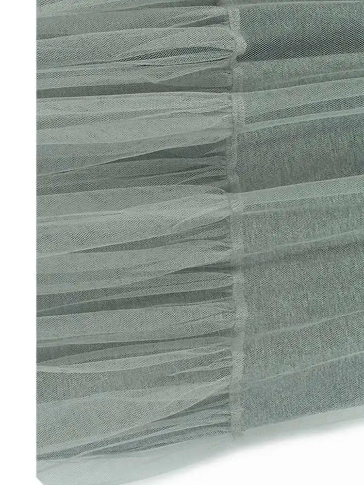 Women Black Mesh Ruffles Spliced Big Size Midi Dress New Round Neck Long Sleeve Fashion Tide Spring Autumn 2025 1DH7180