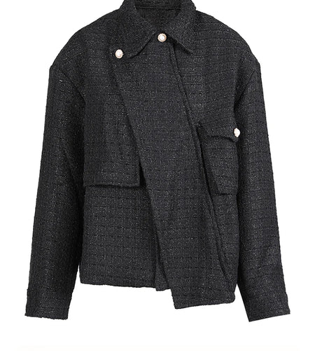 Black Irregular Elegant Big Size Woolen Coat New Lapel Long Sleeve Women Jacket Fashion Tide Autumn Winter 2025 1DH1530