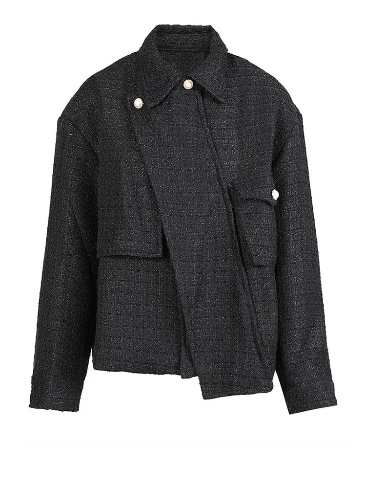 Black Irregular Elegant Big Size Woolen Coat New Lapel Long Sleeve Women Jacket Fashion Tide Autumn Winter 2025 1DH1530