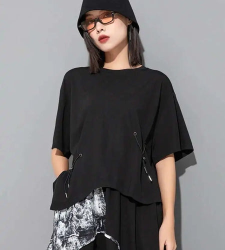 Women Black Irregular Big Size Casual T-shirt New O-Neck Short Sleeve Fashion Loose Fit Tide Spring Summer 2025 1DF6521