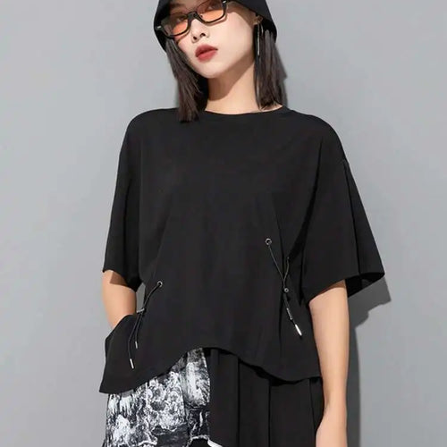 Load image into Gallery viewer, Women Black Irregular Big Size Casual T-shirt New O-Neck Short Sleeve Fashion Loose Fit Tide Spring Summer 2025 1DF6521
