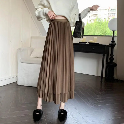 Load image into Gallery viewer, Autumn Winter New Black Beige Patchwork Mesh Elegant High Waist Long Skirt Women Brown Festival Pleated Skirt Simplicity Popular
