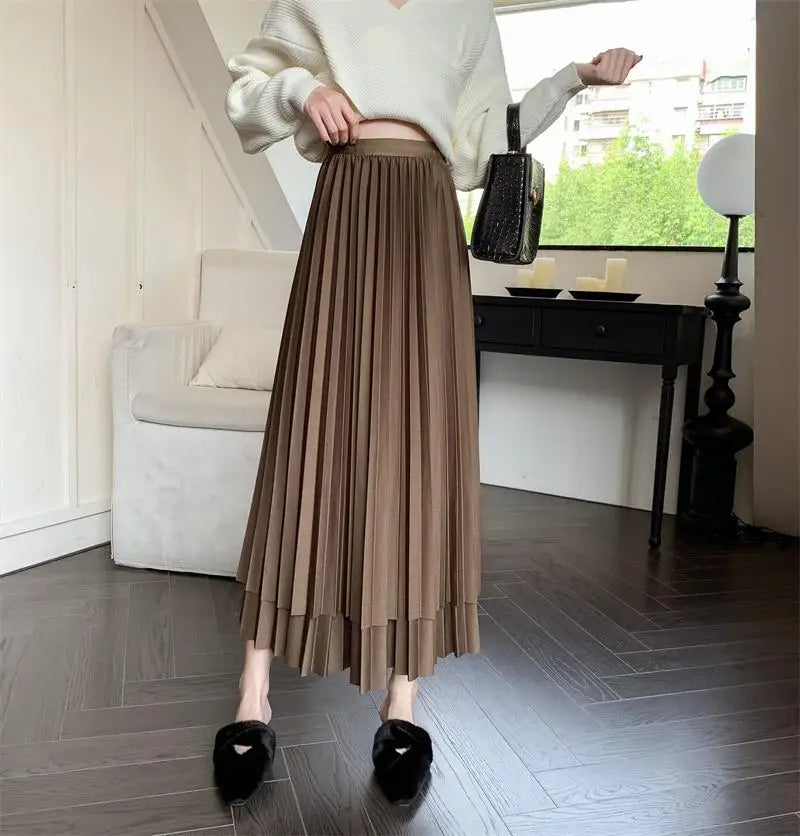 Autumn Winter New Black Beige Patchwork Mesh Elegant High Waist Long Skirt Women Brown Festival Pleated Skirt Simplicity Popular