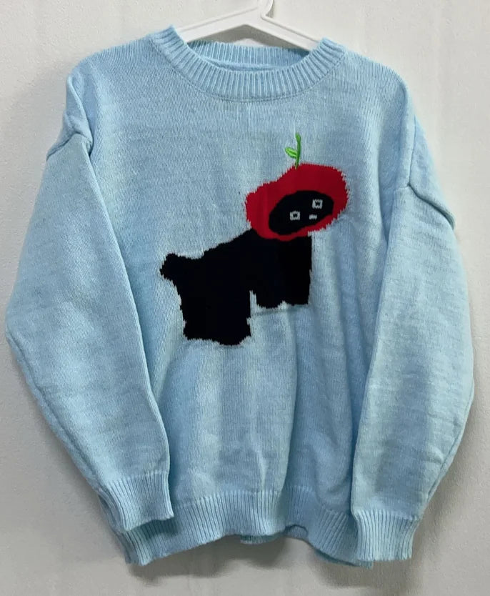 Vintage Preppy Kawaii Cartoon Jacquard Sweaters Sweet Harajuku Loose Grunge Jumpers Y2k Aesthetic Women Blue Knitted Pullovers