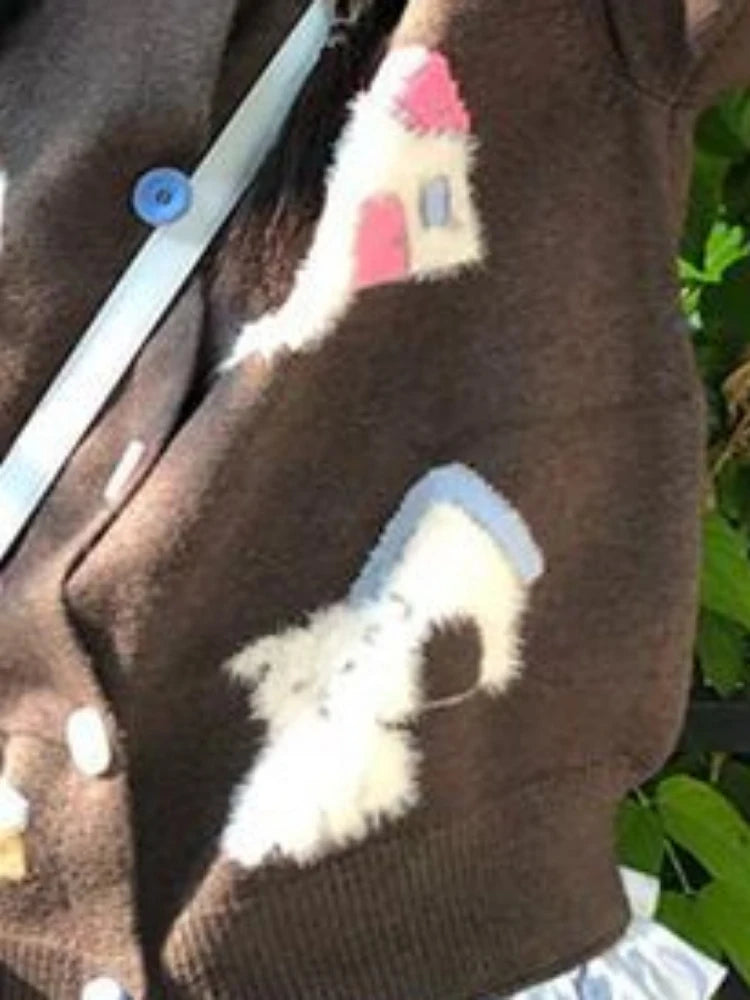 Preppy Style Kawaii Cartoon Jacquard Knited Cardigan Women Casual Loose Sweater Jackets 2025 Spring Grunge Cropped Kardigany