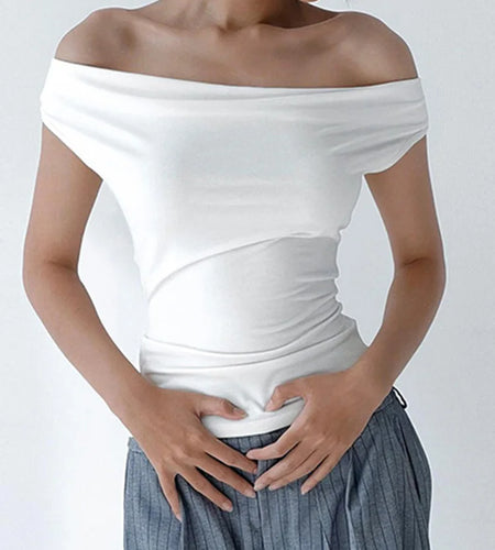 Women Summer Casual Short Sleeve Crop Tops Solid Color Off Shoulder Boat Neck Backless Slim Fit Tops Streetwear