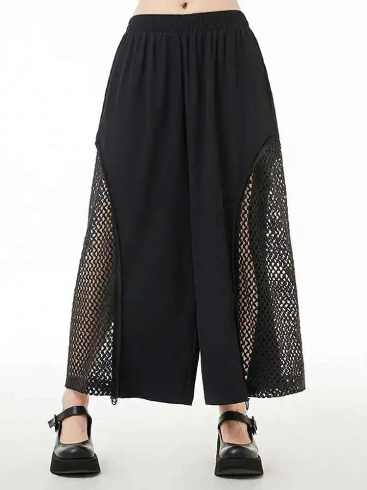 High Elastic Waist Blue Mesh Hollow Out Wide Leg Trousers New Loose Fit Pants Women Fashion Spring Autumn 2025 1DE8664