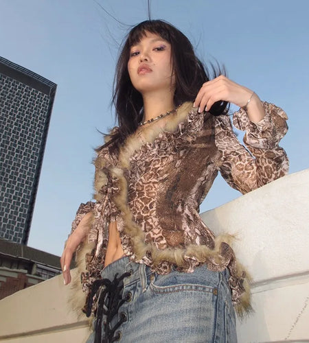 Japanese Y2k Leopard Print Shirt Vintage Harajuku Fur Shirt Grunge Aesthetics V-neck Irregular Blouses American Retro