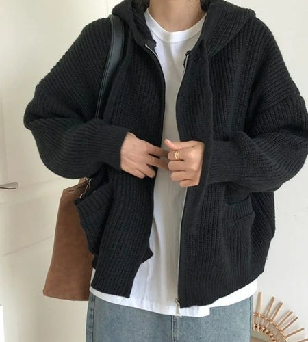 Double Zipper Women Y2k Knitwear Autumn Ladies Streetwear Jacket Sweater Coat Grunge Vintage Loose Solid Hooded Cardigans Damski