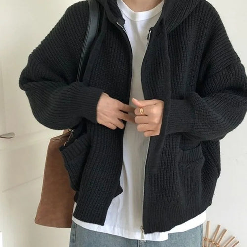 Load image into Gallery viewer, Double Zipper Women Y2k Knitwear Autumn Ladies Streetwear Jacket Sweater Coat Grunge Vintage Loose Solid Hooded Cardigans Damski
