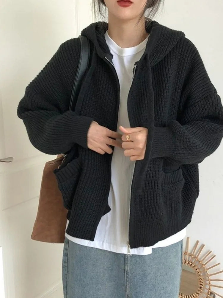 Double Zipper Women Y2k Knitwear Autumn Ladies Streetwear Jacket Sweater Coat Grunge Vintage Loose Solid Hooded Cardigans Damski