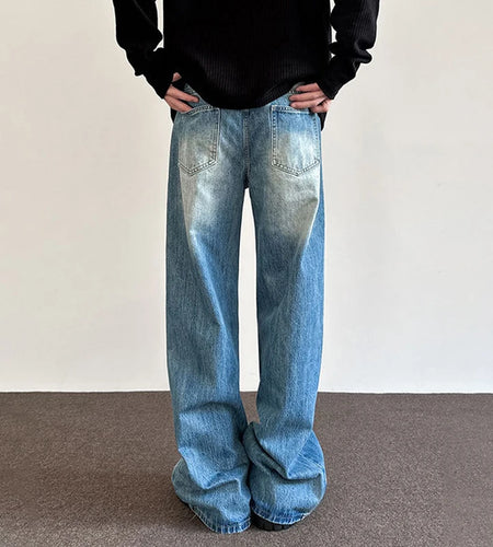 Korean Style Men's Denim Panst Washing Solid Color Casual Bottom Cleanfit Straight Baggy Wide Leg Male Jeans Spring 9W1218