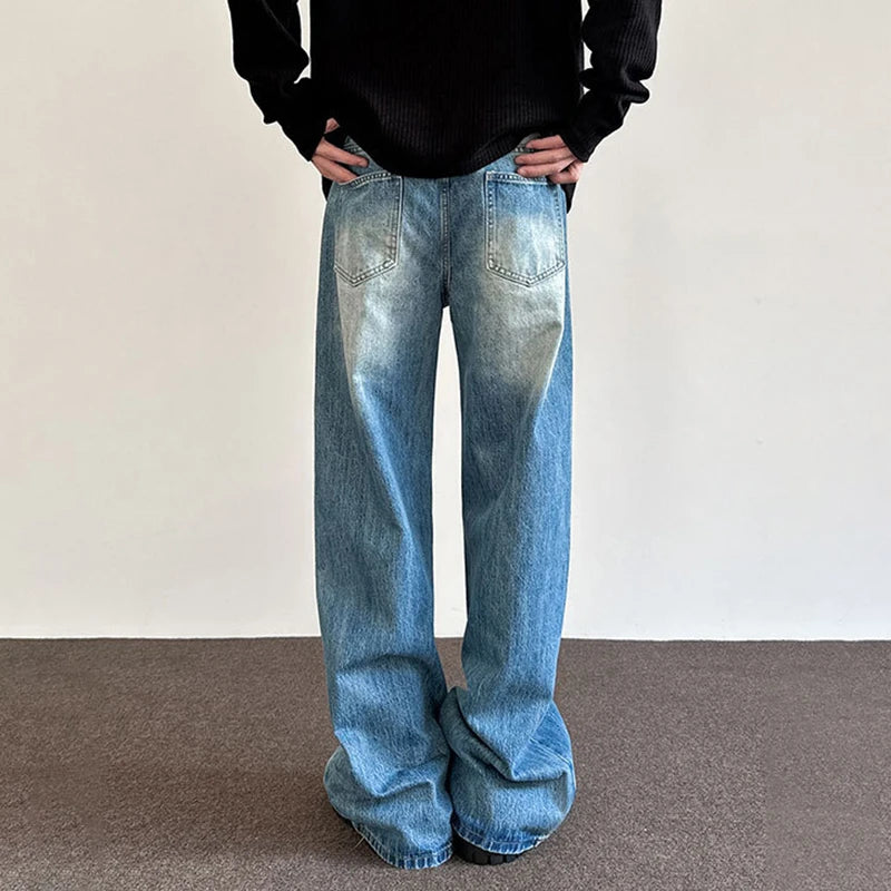 Korean Style Men's Denim Panst Washing Solid Color Casual Bottom Cleanfit Straight Baggy Wide Leg Male Jeans Spring 9W1218
