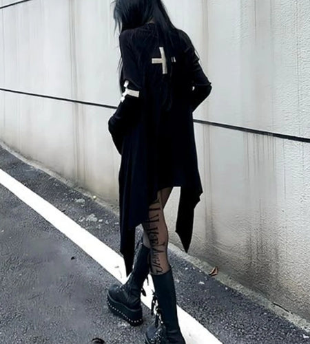 Harajuku Women Black Punk Jackets Gothic Vintage Y2k Aesthetic Loose Crucifix Printing Jacket Streetwear Grunge Irregular Tops