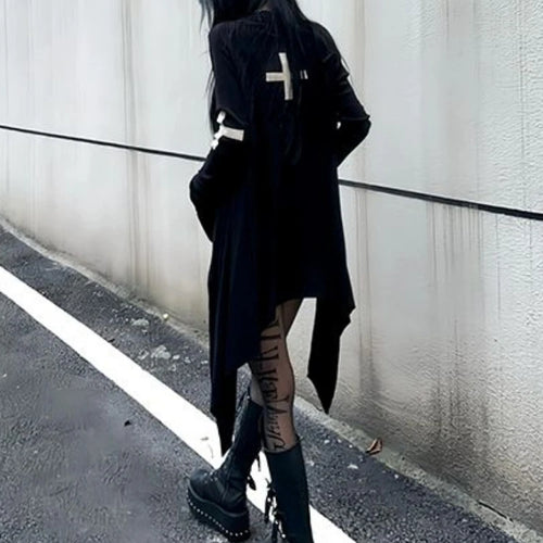 Load image into Gallery viewer, Harajuku Women Black Punk Jackets Gothic Vintage Y2k Aesthetic Loose Crucifix Printing Jacket Streetwear Grunge Irregular Tops
