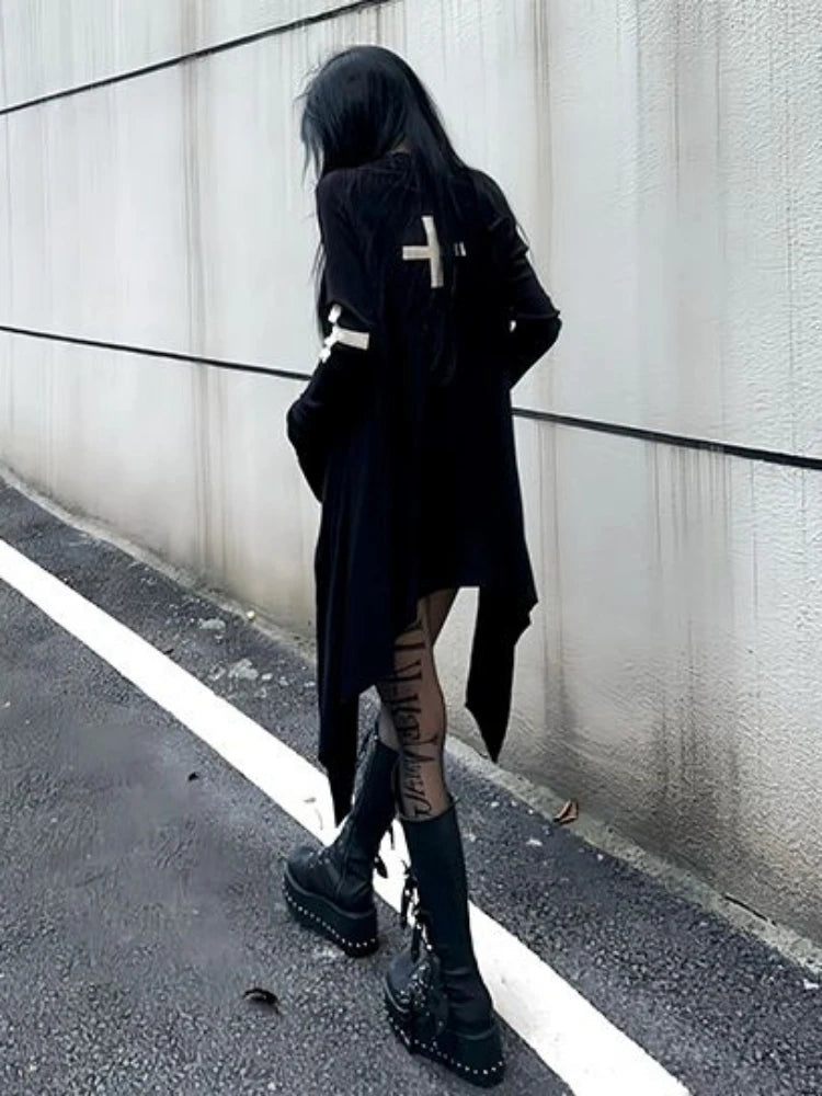 Harajuku Women Black Punk Jackets Gothic Vintage Y2k Aesthetic Loose Crucifix Printing Jacket Streetwear Grunge Irregular Tops