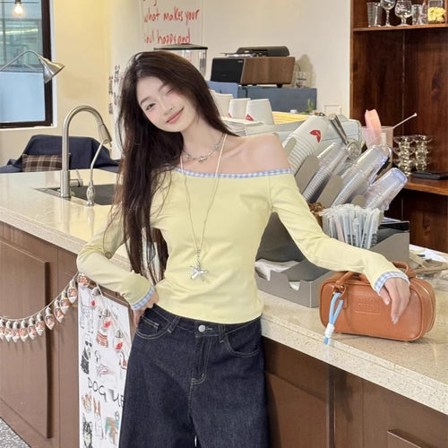 Load image into Gallery viewer, Women Streetwear Vintage Plaid Patchwork Tees Y2k Aesthetic Skew Collar Casual Loose T Shirts Spring Harajuku Grunge Crop Tops
