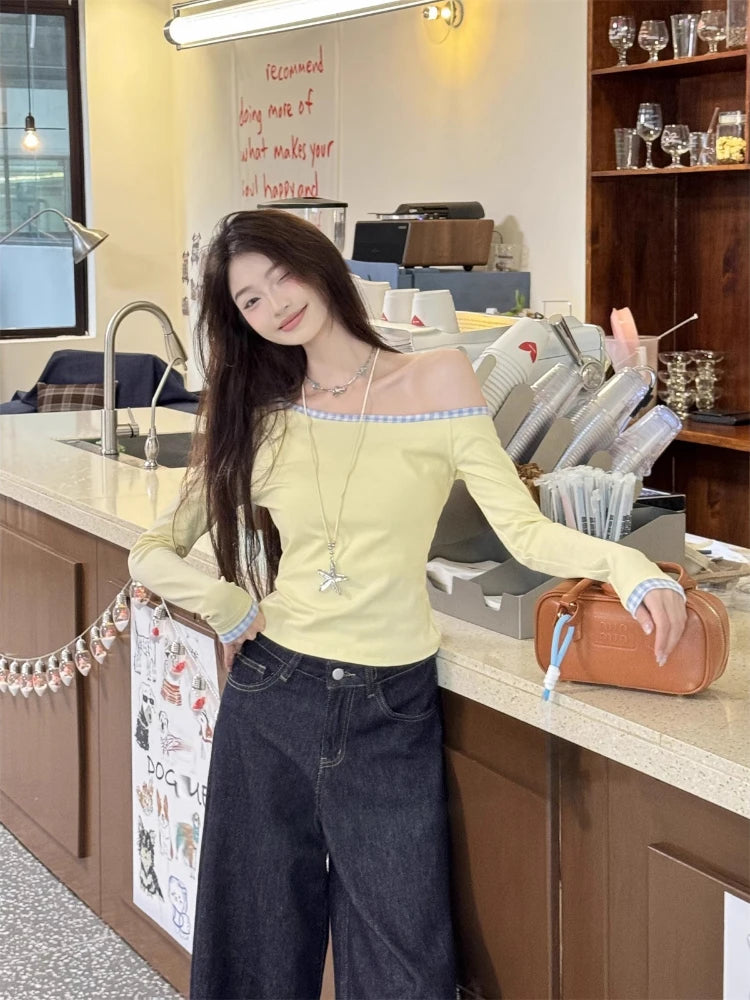 Women Streetwear Vintage Plaid Patchwork Tees Y2k Aesthetic Skew Collar Casual Loose T Shirts Spring Harajuku Grunge Crop Tops