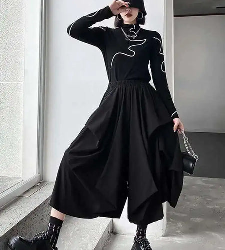 High Elastic Waist Black Brief Long Wide Leg Pants New Loose Fit Trousers Women Fashion Tide Spring Autumn 2025 1DF1506