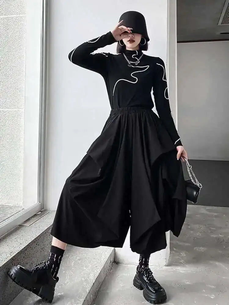 High Elastic Waist Black Brief Long Wide Leg Pants New Loose Fit Trousers Women Fashion Tide Spring Autumn 2025 1DF1506