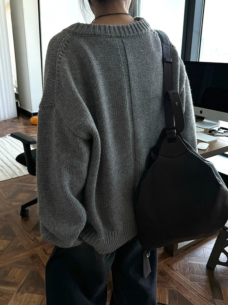 50% Wool Thick Big Size Knitting Sweater V-Neck Long Sleeve Women Pullovers New Fashion Tide Spring Autumn 2025 1DH7319