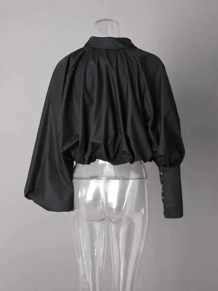 Women Black Pleated Big Size Short Elegant Blouse New V-neck  Long Sleeve Shirt Fashion Tide Spring Autumn 2025 CPG2610