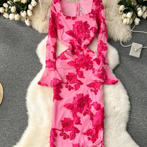 Load image into Gallery viewer, French Vintage Women Autumn Black Beige Flower Embroidery Elegant Long Sleeve Dress Ladies Square Neck Festival Party Dress Chic
