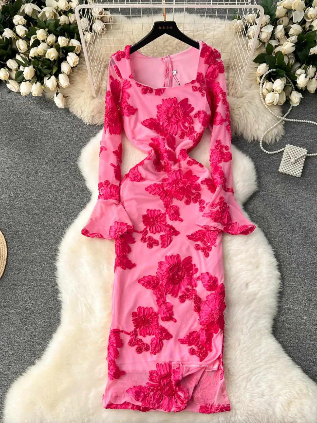 French Vintage Women Autumn Black Beige Flower Embroidery Elegant Long Sleeve Dress Ladies Square Neck Festival Party Dress Chic