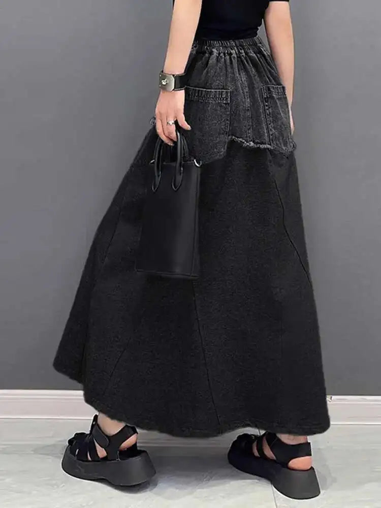 High Waist Black Gray Denim Color-block Midi A-line Half-body Skirt Women Fashion Tide New Spring Autumn 2025 1DH5217