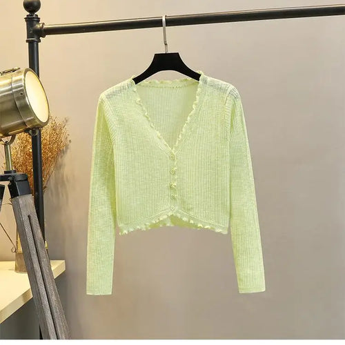 Load image into Gallery viewer, 2025 Sping Summer New Women's Solid Fashion V-neck Long Sleeve Cardigan Knitted Tops Single Breasted Sun Protection Clothes Chic
