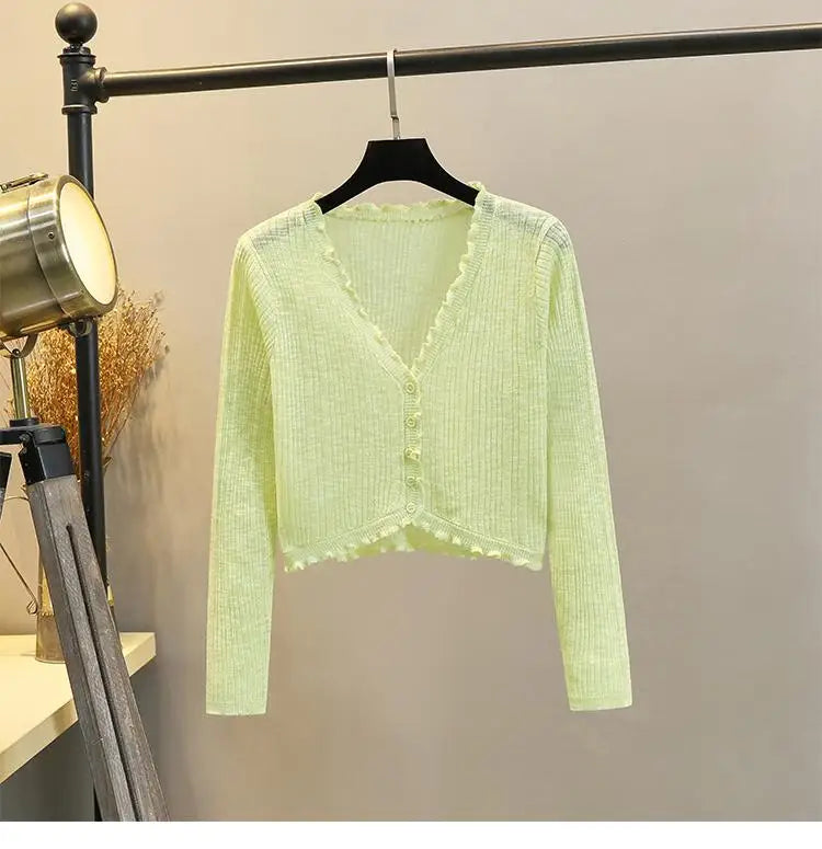 2025 Sping Summer New Women's Solid Fashion V-neck Long Sleeve Cardigan Knitted Tops Single Breasted Sun Protection Clothes Chic
