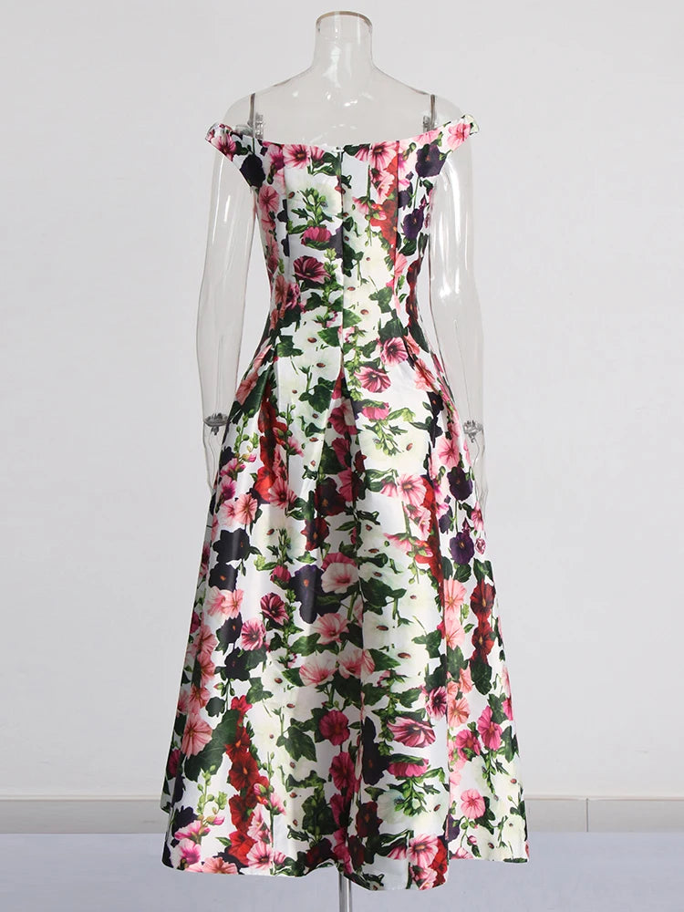 Hit Color Floral Printing Elegant Dresses For Women Slash Neck Off Shoulder Sleeveless High Waist Vintage Party Dress Female