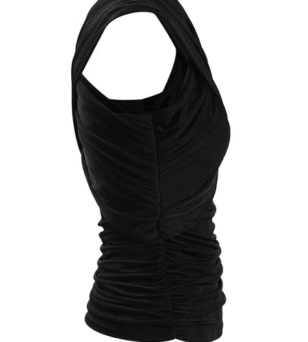 Women Black Cross Irregular Pleated Elegant T-shirt New Round Neck Sleeveless Fashion Tide Spring Summer 2025 CPDB102