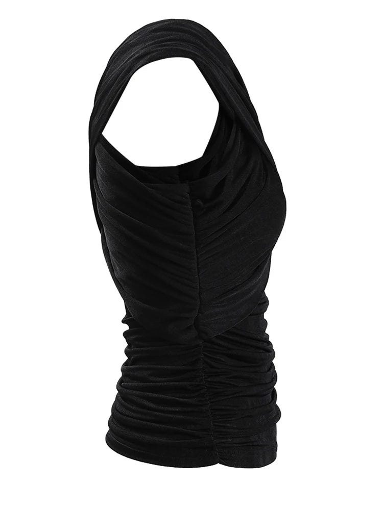 Women Black Cross Irregular Pleated Elegant T-shirt New Round Neck Sleeveless Fashion Tide Spring Summer 2025 CPDB102