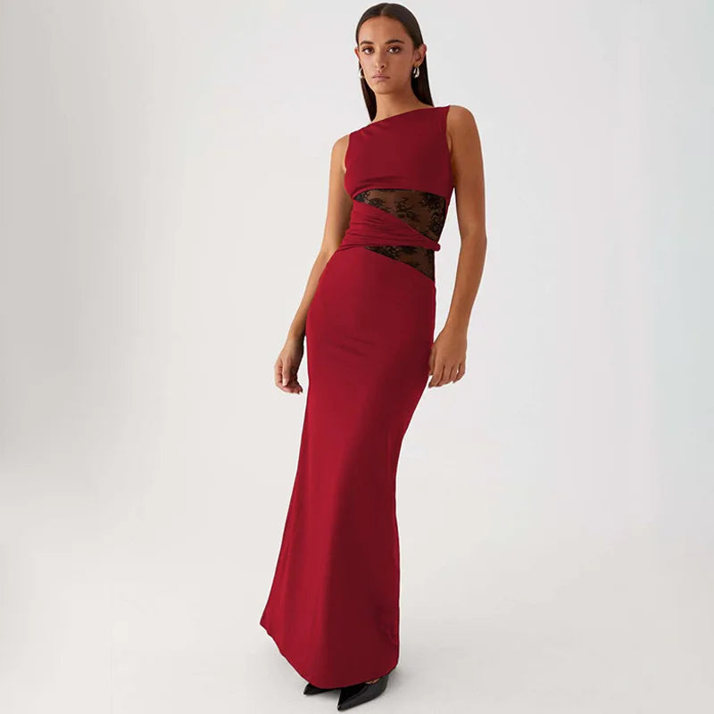 Sheer Lace Sleeveless Sexy Maxi Dress For Women Gown Summer Patchwork Fashion O Neck Bodycon Long Tank Dress Vestido