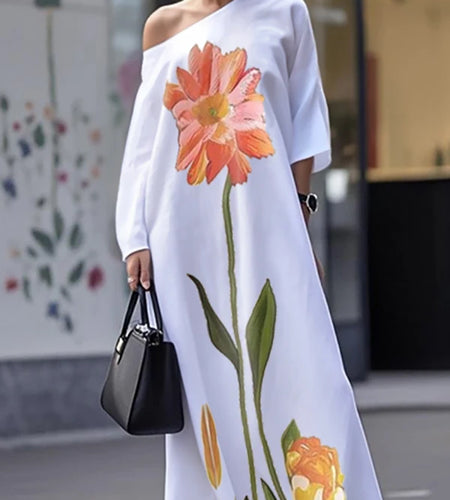 Flower Print Dresses 2025 Woman Summer Clothes Party Dresses Asymmetric One-shoulder White Elegant Dresses for Woman